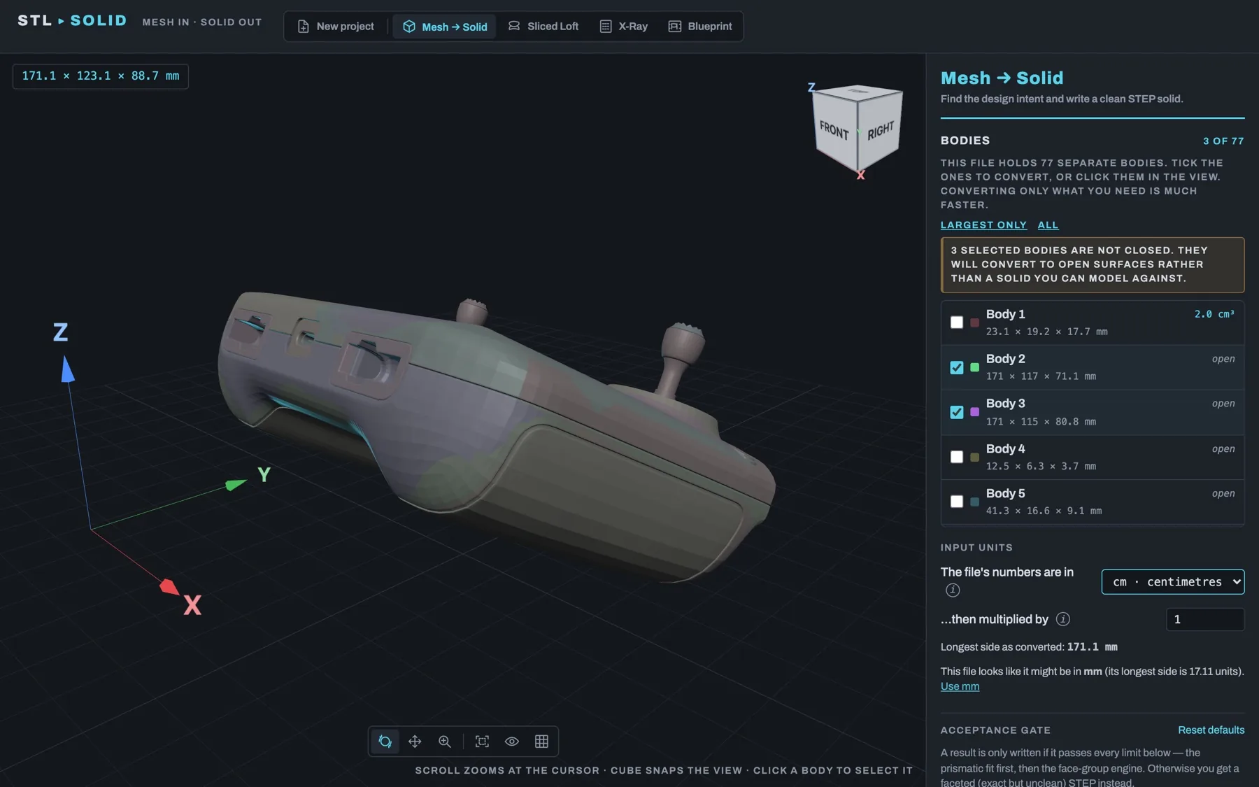 Picking bodies in a multi-body file
