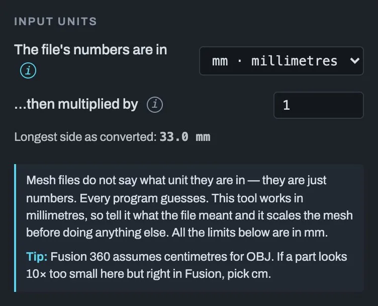 The Input units settings with the help text open