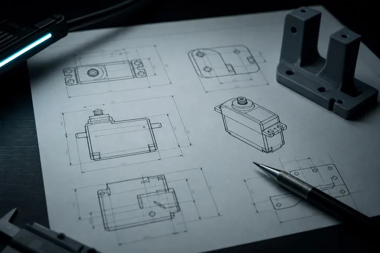 A dimensioned servo drawing with a printed bracket on it