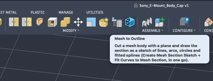 The Mesh to Outline button on Fusion's Mesh tab, with its tooltip