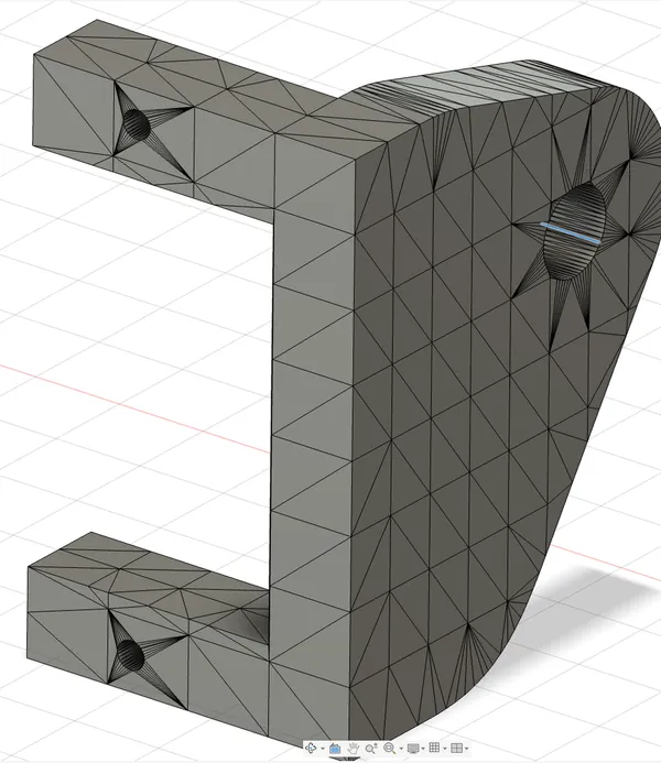 Fusion 360 Mesh to Solid, zoomed in: every triangle is its own face