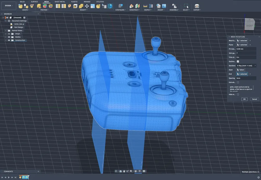 Mesh to Outline running inside Fusion 360: a scanned controller mesh with two section planes and the add-in's X-Ray settings panel