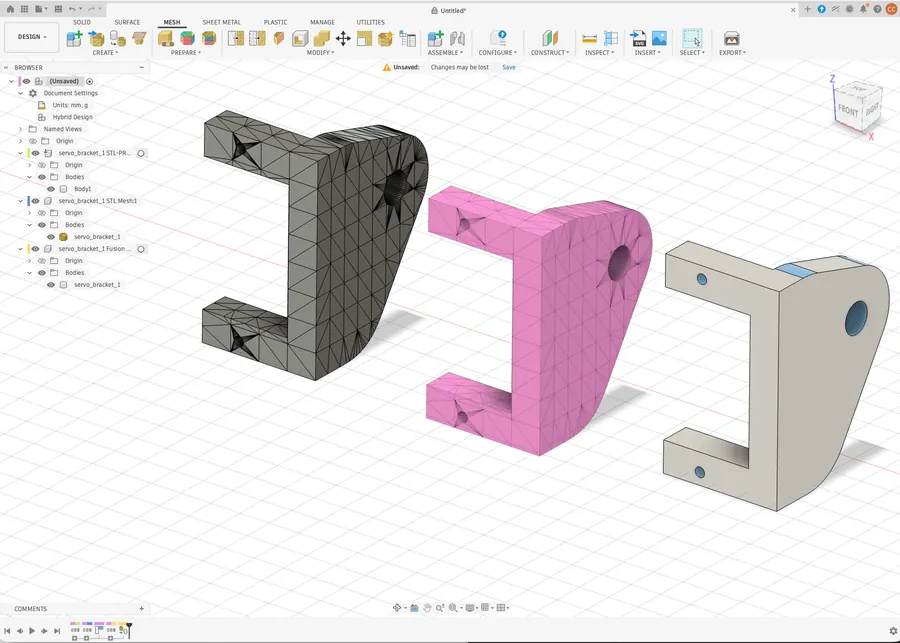 The same servo bracket in Fusion 360 three ways: Fusion's faceted Mesh to Solid, the raw mesh, and the stlToSolid STEP