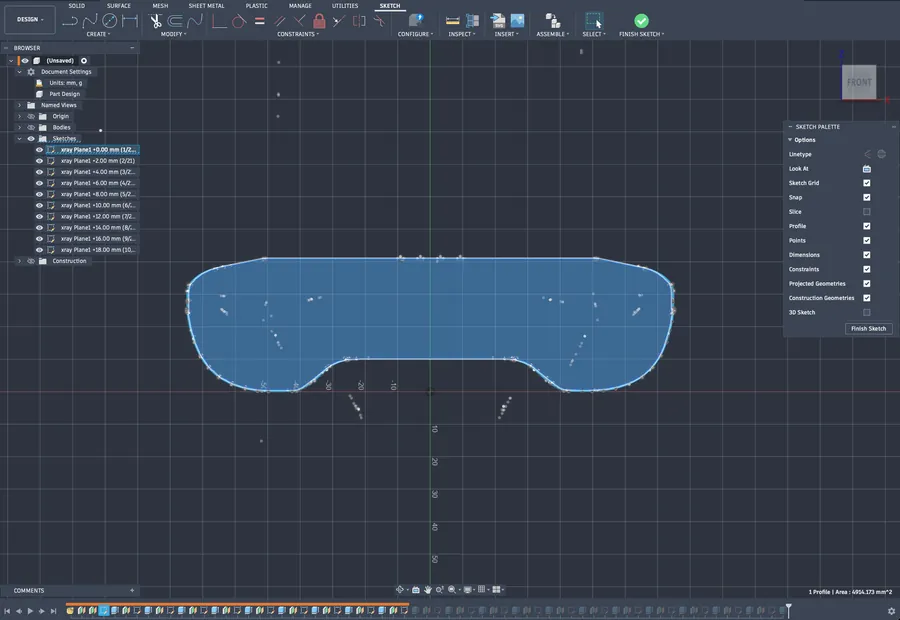 One section sketch open in Fusion, a single closed blue profile