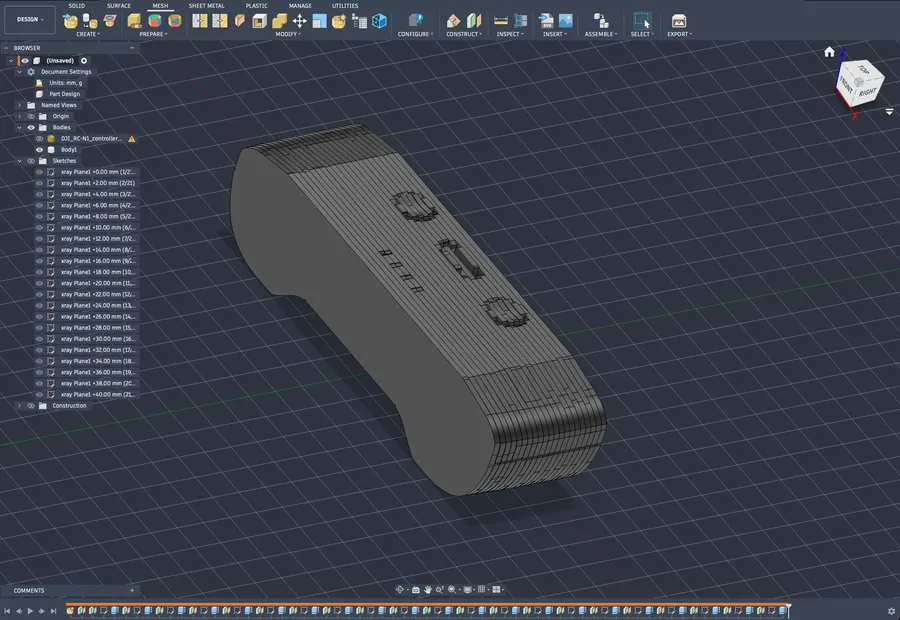 The finished stepped solid body of the controller in Fusion 360, with the sketches in the browser