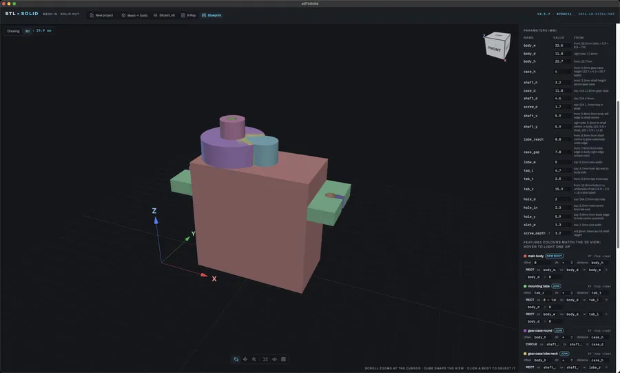The output: the stlToSolid Mac app has built the servo as a 3D model, every parameter listed with where on the drawing it came from
