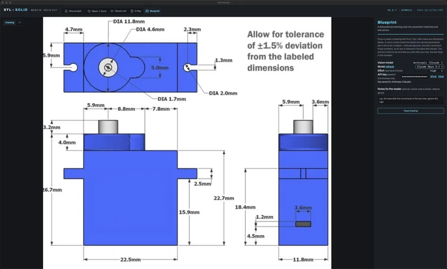 The input: the stlToSolid Mac app in Blueprint, a dimensioned drawing of a 9 g micro servo loaded with top, front and side views, ready to read