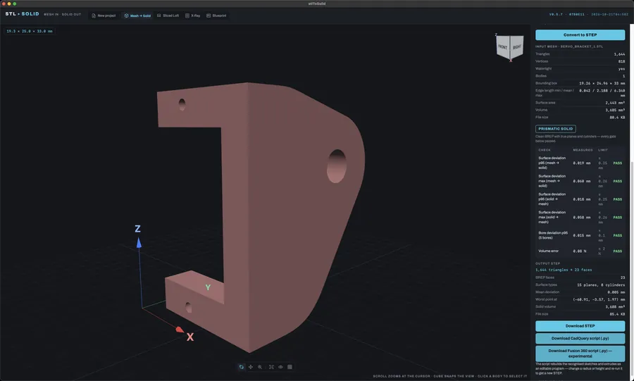 The stlToSolid Mac app: a servo bracket converted to a prismatic solid, every accuracy check passed